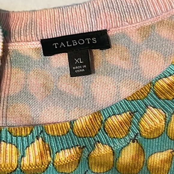 Talbots Chic Button Back Teal and Yellow Pear Patterned Sweater Top Size XL - Picture 8 of 14